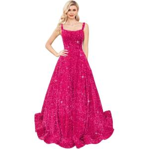 imagehomdor Sequin Prom Dresses Long A Line Ball Gowns for Women Sparkly Spaghetti Straps Formal DressHot Pink