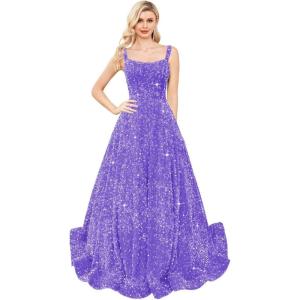 imagehomdor Sequin Prom Dresses Long A Line Ball Gowns for Women Sparkly Spaghetti Straps Formal DressLavender