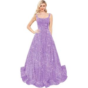 imagehomdor Sequin Prom Dresses Long A Line Ball Gowns for Women Sparkly Spaghetti Straps Formal DressLilac