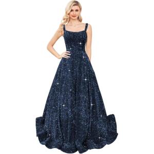imagehomdor Sequin Prom Dresses Long A Line Ball Gowns for Women Sparkly Spaghetti Straps Formal DressNavy Blue