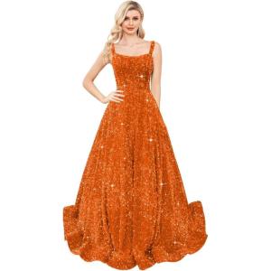 imagehomdor Sequin Prom Dresses Long A Line Ball Gowns for Women Sparkly Spaghetti Straps Formal DressOrange