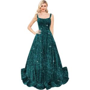 imagehomdor Sequin Prom Dresses Long A Line Ball Gowns for Women Sparkly Spaghetti Straps Formal DressPeacock
