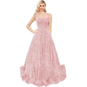 imagehomdor Sequin Prom Dresses Long A Line Ball Gowns for Women Sparkly Spaghetti Straps Formal DressPink