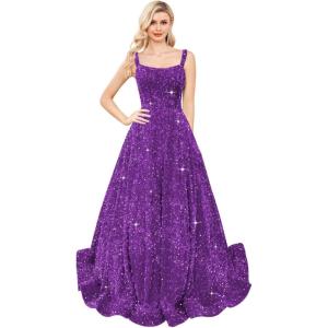 imagehomdor Sequin Prom Dresses Long A Line Ball Gowns for Women Sparkly Spaghetti Straps Formal DressPurple