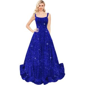 imagehomdor Sequin Prom Dresses Long A Line Ball Gowns for Women Sparkly Spaghetti Straps Formal DressRoyal Blue