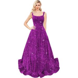 imagehomdor Sequin Prom Dresses Long A Line Ball Gowns for Women Sparkly Spaghetti Straps Formal DressRoyal Purple