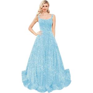 imagehomdor Sequin Prom Dresses Long A Line Ball Gowns for Women Sparkly Spaghetti Straps Formal DressSky Blue