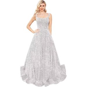 imagehomdor Sequin Prom Dresses Long A Line Ball Gowns for Women Sparkly Spaghetti Straps Formal DressWhite