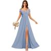 imageOff Shoulder Chiffon Bridesmaid Dresses for Women Pleated A Line Formal Evening Gown with SlitAqua