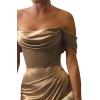 imageOff The Shoulder Mermaid Prom Dresses for Women Satin Silk Ruched Wrap Formal Evening Gowns with SlitWisteria