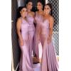 imageOne Shoulder Mermaid Bridesmaid Dresses for Wedding Ruched Satin Prom Dress Bodycon Formal Party DressWine Red