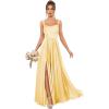imageSatin Bridesmaid Dresses Long for Women Spaghetti Strap Ruched Prom Formal Dress with Slit with PocketsAqua