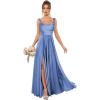 imageSatin Bridesmaid Dresses Long for Women Spaghetti Strap Ruched Prom Formal Dress with Slit with PocketsLight Blue