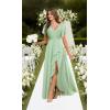 imagehomdor V Neck Chiffon Bridesmaid Dresses with Slit Ruffles Pleated A Line Formal Dress with SleevesYellow