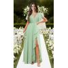 imagehomdor V Neck Chiffon Bridesmaid Dresses with Slit Ruffles Pleated A Line Formal Dress with SleevesYellow