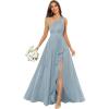 imageChiffon One Shoulder Bridesmaid Dresses with Slit ALine Long Formal Party Dress with PocketsDusty Blue