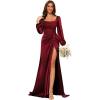 imageLong Sleeves Satin Bridesmaid Dresses Long for Women Scoop Neck Mermaid Formal Dresses Ruched Maxi Dress with SlitWine Red