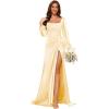 imageLong Sleeves Satin Bridesmaid Dresses Long for Women Scoop Neck Mermaid Formal Dresses Ruched Maxi Dress with SlitYellow