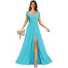 imageOff Shoulder Chiffon Bridesmaid Dresses for Women Pleated A Line Formal Evening Gown with SlitAqua