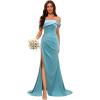 imageOff Shoulder Satin Bridesmaid Dresses for Wedding Long 2025 Mermaid Prom Dresses Pleated Formal Evening Gown with SlitAqua