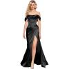 imageOff The Shoulder Mermaid Prom Dresses for Women Satin Silk Ruched Wrap Formal Evening Gowns with SlitBlack