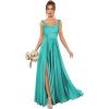 imageSatin Bridesmaid Dresses Long for Women Spaghetti Strap Ruched Prom Formal Dress with Slit with PocketsAqua