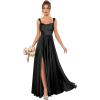 imageSatin Bridesmaid Dresses Long for Women Spaghetti Strap Ruched Prom Formal Dress with Slit with PocketsBlack