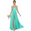 imageSatin Bridesmaid Dresses Long for Women Spaghetti Strap Ruched Prom Formal Dress with Slit with PocketsTurquoise