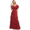 imagehomdor Tiered Ruffles Bridesmaid Dresses for Women 2025 V Neck Chiffon Formal Evening Dresses with SleevesWine Red