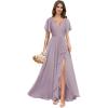 imagehomdor V Neck Chiffon Bridesmaid Dresses with Slit Ruffles Pleated A Line Formal Dress with SleevesWisteria