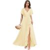 imagehomdor V Neck Chiffon Bridesmaid Dresses with Slit Ruffles Pleated A Line Formal Dress with SleevesYellow