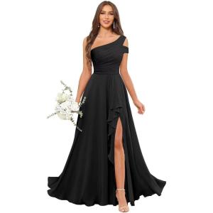 imageChiffon Bridesmaid Dresses for Women One Shoulder Ruffles Pleated Formal Dress with PocketsBlack