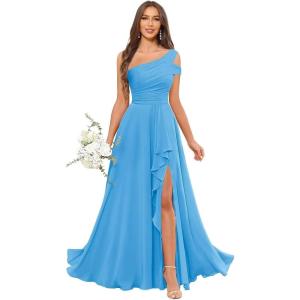 imageChiffon Bridesmaid Dresses for Women One Shoulder Ruffles Pleated Formal Dress with PocketsBlue