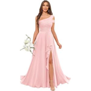 imageChiffon Bridesmaid Dresses for Women One Shoulder Ruffles Pleated Formal Dress with PocketsBlush Pink