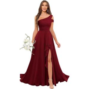 imageChiffon Bridesmaid Dresses for Women One Shoulder Ruffles Pleated Formal Dress with PocketsBurgundy