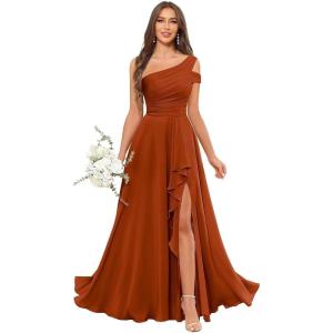 imageChiffon Bridesmaid Dresses for Women One Shoulder Ruffles Pleated Formal Dress with PocketsBurnt Orange