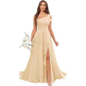 imageChiffon Bridesmaid Dresses for Women One Shoulder Ruffles Pleated Formal Dress with PocketsChampagne