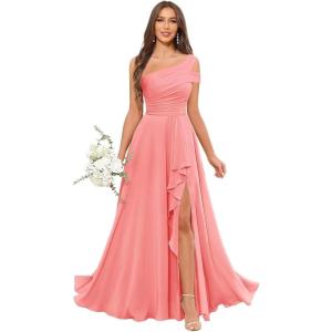 imageChiffon Bridesmaid Dresses for Women One Shoulder Ruffles Pleated Formal Dress with PocketsCoral