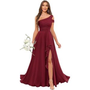 imageChiffon Bridesmaid Dresses for Women One Shoulder Ruffles Pleated Formal Dress with PocketsDesert Rose