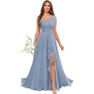 imageChiffon Bridesmaid Dresses for Women One Shoulder Ruffles Pleated Formal Dress with PocketsDusty Blue