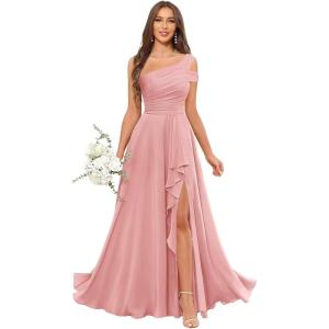 imageChiffon Bridesmaid Dresses for Women One Shoulder Ruffles Pleated Formal Dress with PocketsDusty Rose