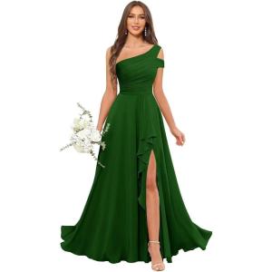 imageChiffon Bridesmaid Dresses for Women One Shoulder Ruffles Pleated Formal Dress with PocketsEmerald Green