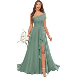 imageChiffon Bridesmaid Dresses for Women One Shoulder Ruffles Pleated Formal Dress with PocketsEucalyptus