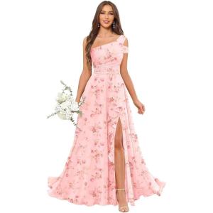 imageChiffon Bridesmaid Dresses for Women One Shoulder Ruffles Pleated Formal Dress with PocketsFloral D