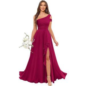 imageChiffon Bridesmaid Dresses for Women One Shoulder Ruffles Pleated Formal Dress with PocketsFuchsia