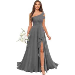 imageChiffon Bridesmaid Dresses for Women One Shoulder Ruffles Pleated Formal Dress with PocketsGrey