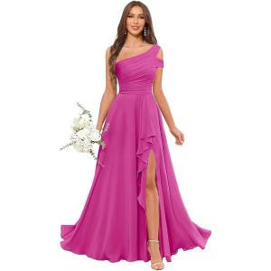 imageChiffon Bridesmaid Dresses for Women One Shoulder Ruffles Pleated Formal Dress with PocketsHot Pink