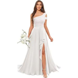 imageChiffon Bridesmaid Dresses for Women One Shoulder Ruffles Pleated Formal Dress with PocketsIvory