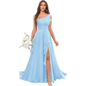 imageChiffon Bridesmaid Dresses for Women One Shoulder Ruffles Pleated Formal Dress with PocketsLight Blue