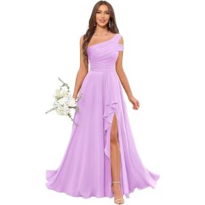 imageChiffon Bridesmaid Dresses for Women One Shoulder Ruffles Pleated Formal Dress with PocketsLilac